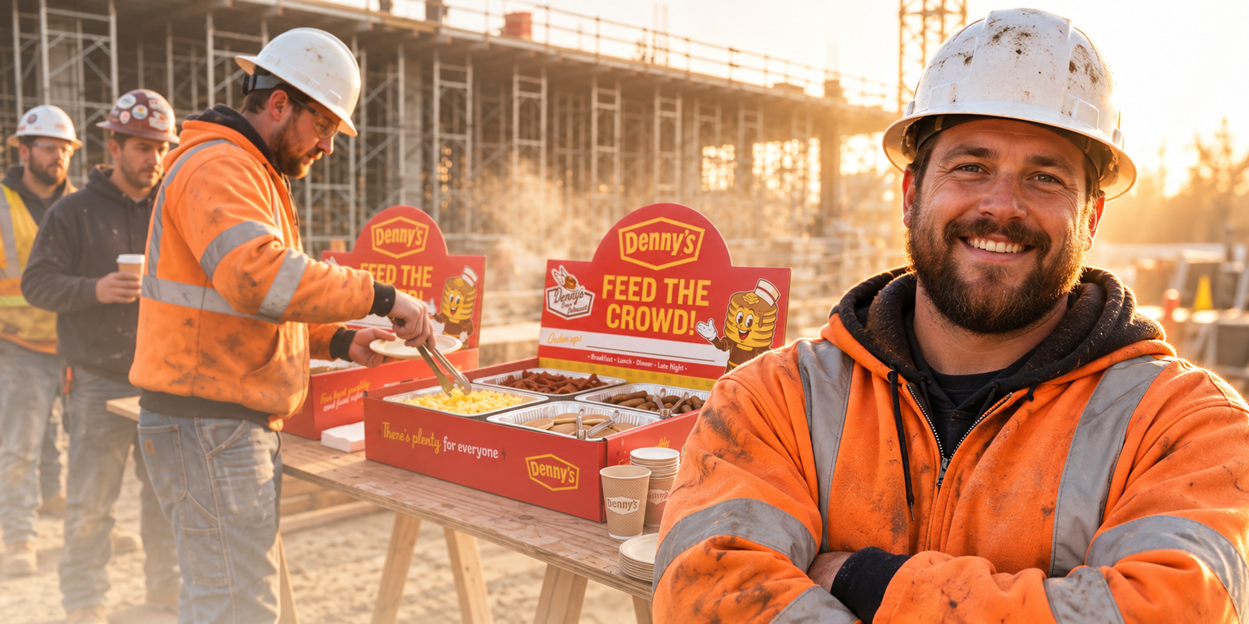 Construction workers gathered around a Denny's catered hometown celebration